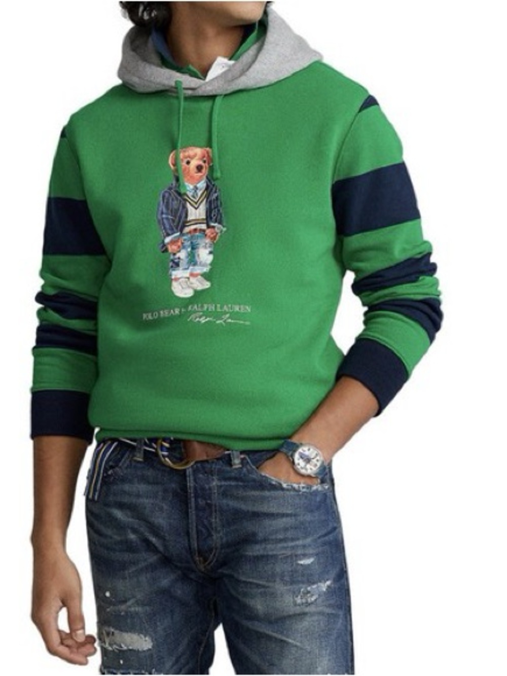 Polo Ralph Lauren Polo Bear Hoodie Green Striped Sleeves
